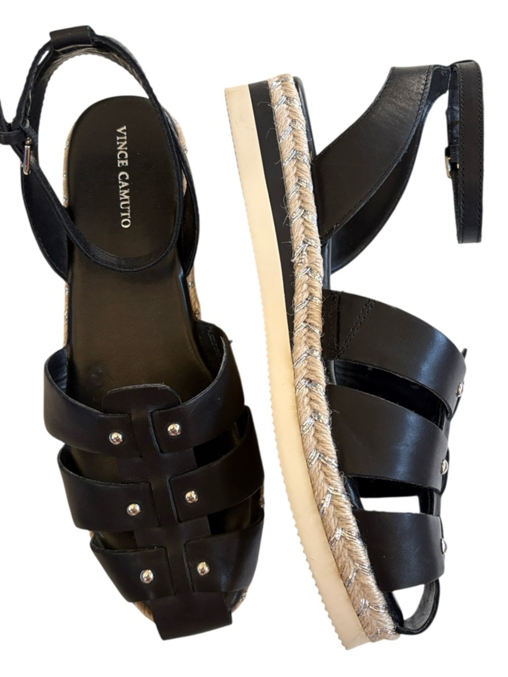 EUC Vince Camuto Leather Broica Studded Espadrille Sandals Black Size 10